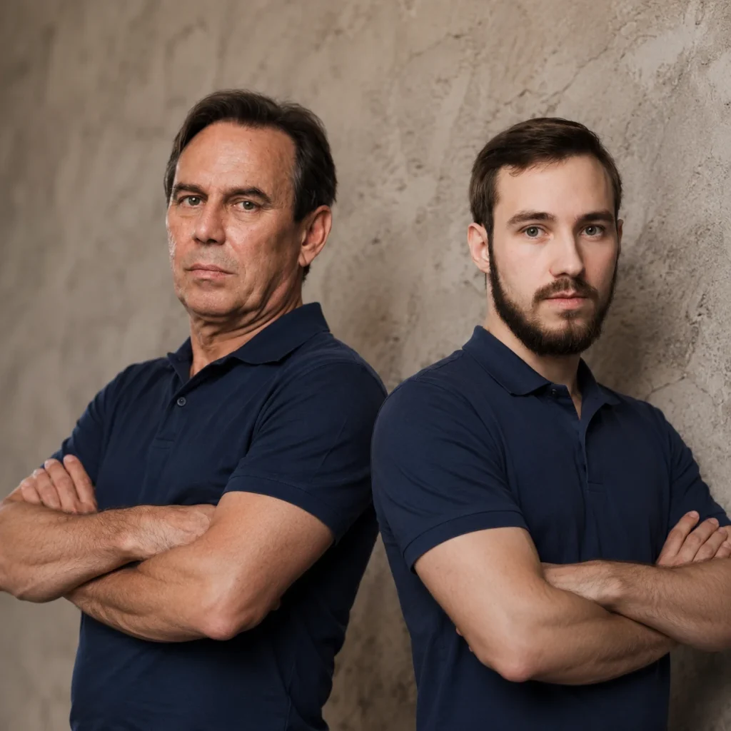 An older man and a younger bearded man wear matching navy polo shirts and stand with folded arms.