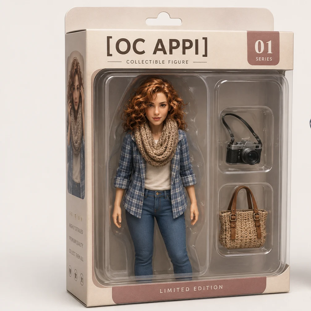 A collectible female action figure is displayed in retail packaging with a camera and woven handbag.