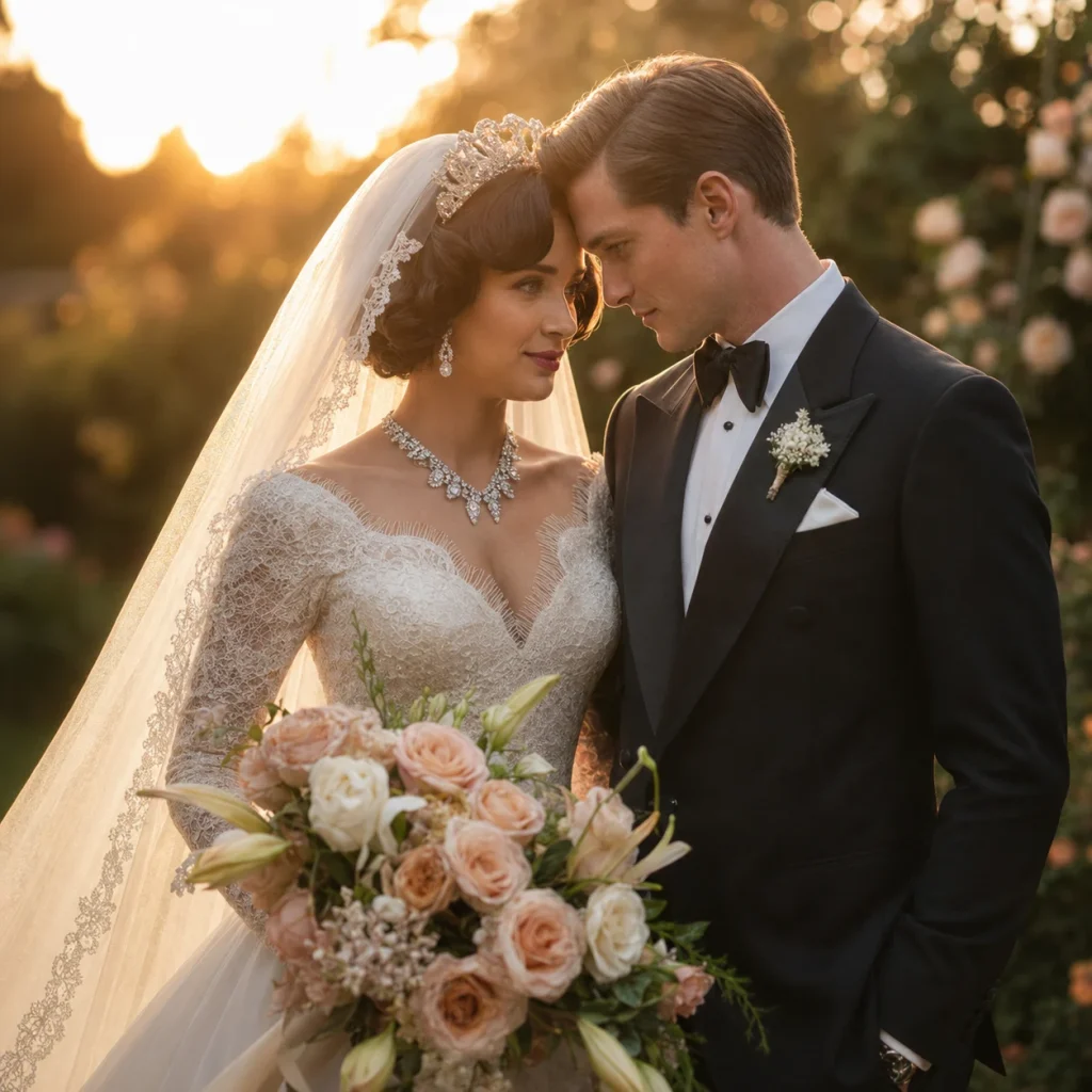 A bride and groom touch foreheads in a romantic golden-hour garden portrait.