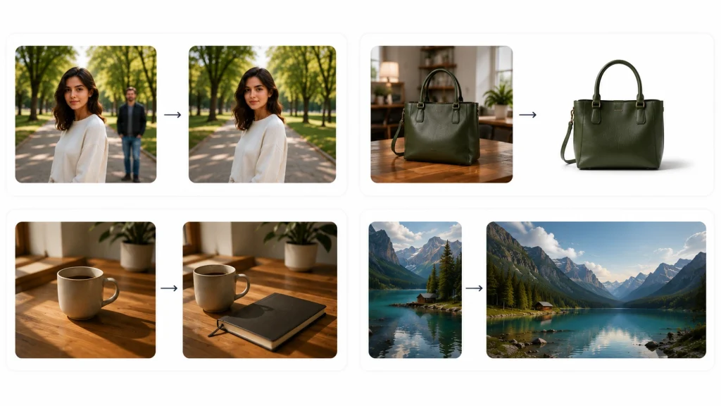 Examples of AI photo editing including object removal, background replacement, object addition, and image expansion