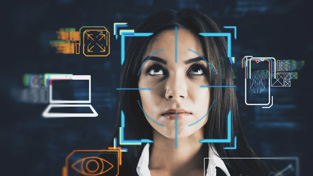 AI facial detection system analyzing a portrait for automated retouching and image enhancement
