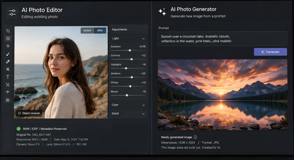 AI photo editor modifying an existing portrait beside an AI generator creating a new landscape from a prompt