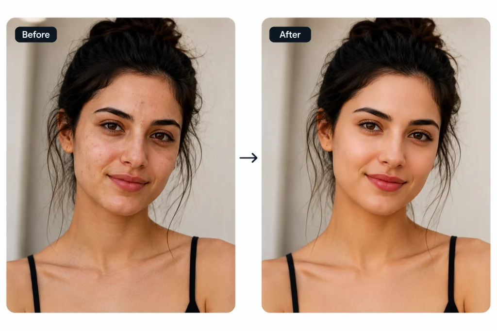 Before and after AI portrait retouching with natural skin and facial detail enhancement