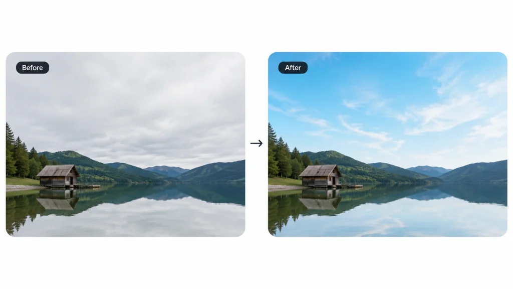 Before and after AI sky replacement on a mountain lake landscape