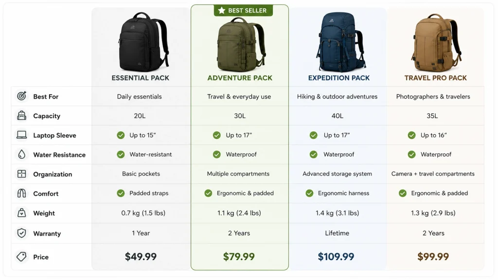 Amazon A+ Content comparison chart showing four backpack variants with features, pricing, and a highlighted best seller option