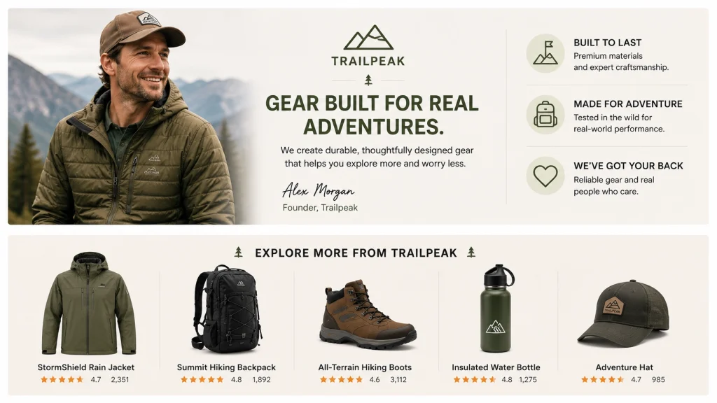 Amazon Brand Story example highlighting brand values, founder story, and featured product collection.