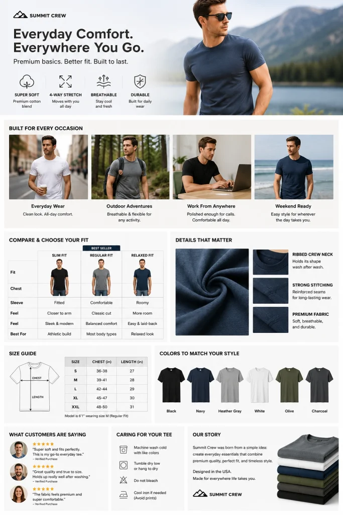 Amazon A+ Content example for an apparel product with lifestyle images, size guide, fabric details, comparison chart, and color options.