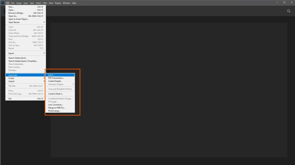 Photoshop Batch option under the Automate menu for editing similar photos efficiently