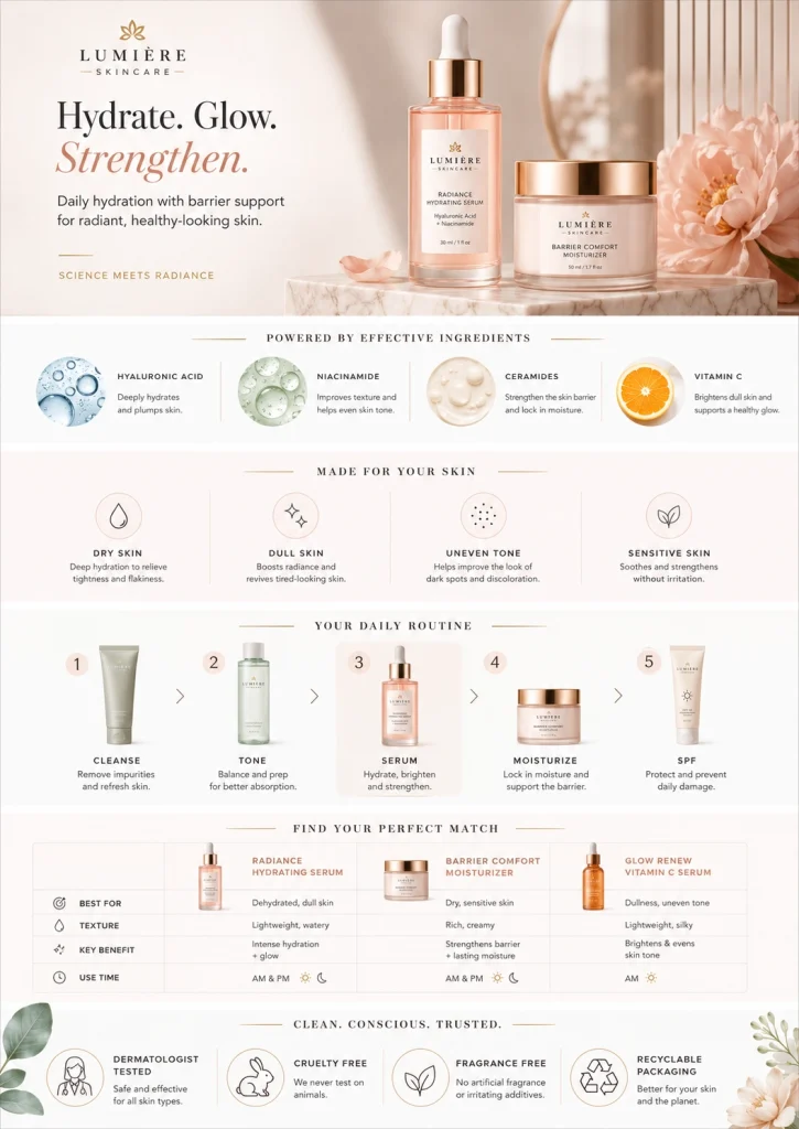 Amazon A+ Content example for beauty and skincare products featuring ingredients, skincare routine, product comparison, and key benefits.