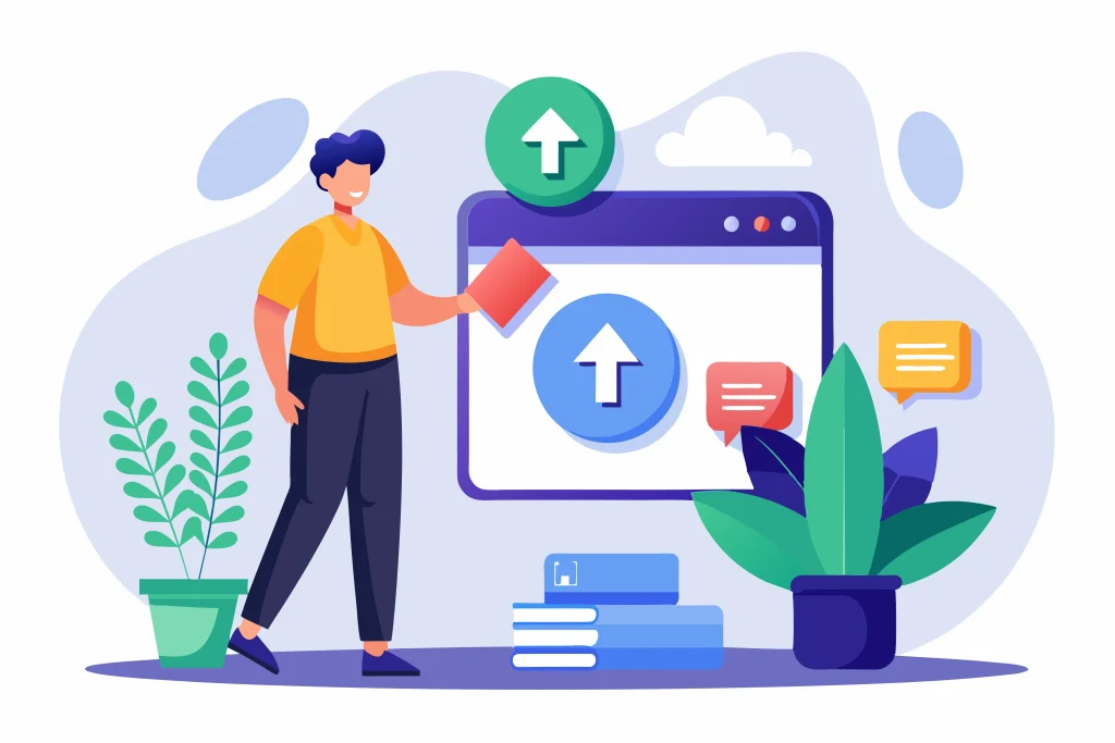A colorful illustration shows a person beside a browser window with upload arrows, messages, books, and plants.