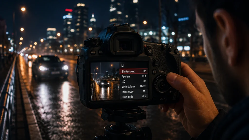 Camera displaying the best settings for nighttime car photography on a city street.