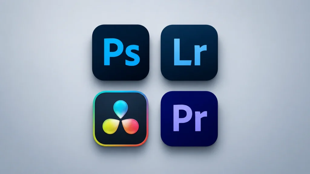 Icons of Photoshop, Lightroom, DaVinci Resolve, and Premiere Pro, top software for professional color grading