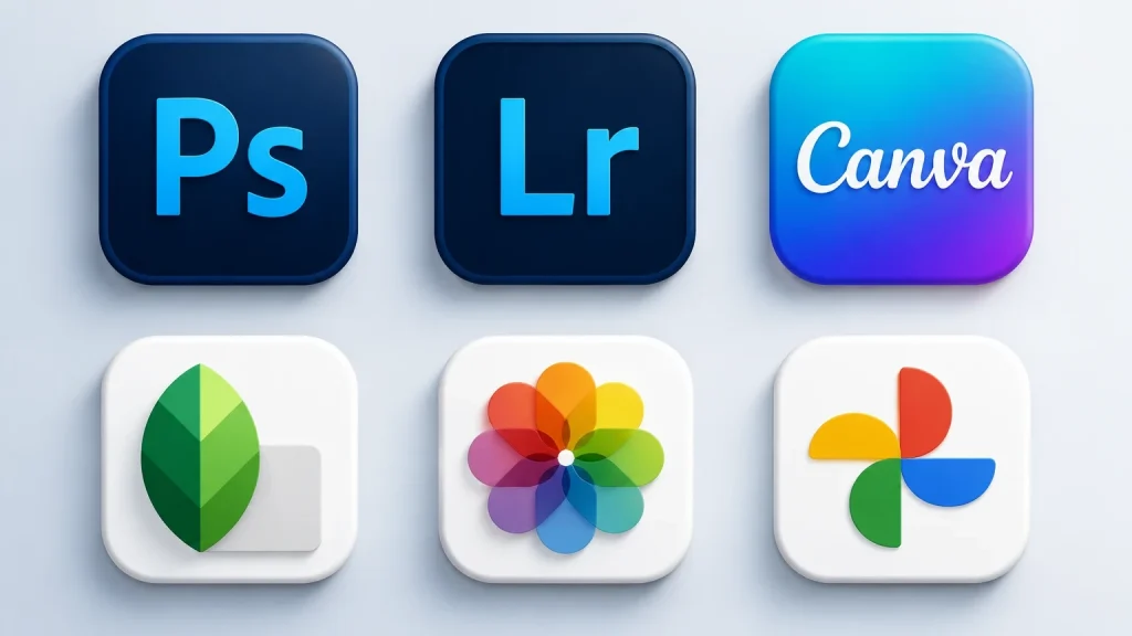 App icons for Photoshop, Lightroom, Canva, Snapseed, Apple Photos, and Google Photos