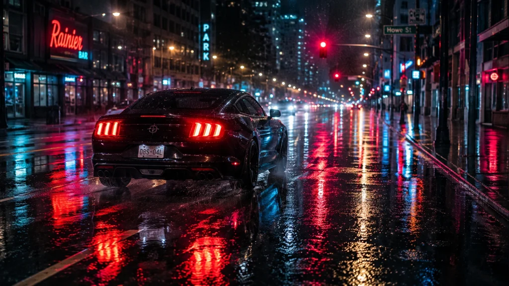 Sports car driving on a rainy city street at night with colorful reflections on wet pavement.