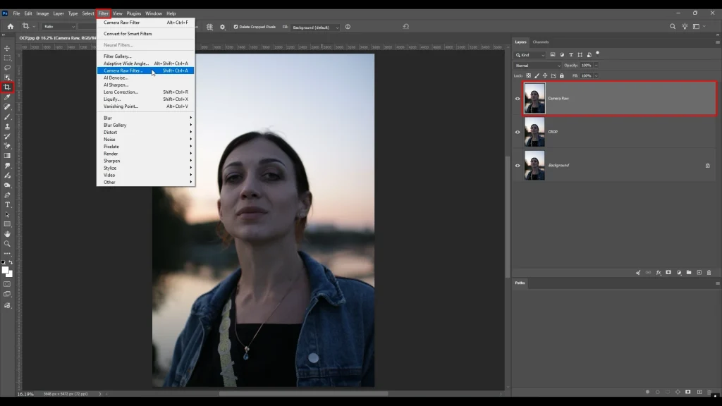 Camera Raw panel showing exposure and lighting adjustments in Photoshop