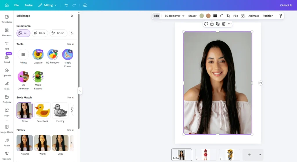 Canva AI photo editor showing background removal, upscaling, Magic Eraser, and portrait enhancement tools