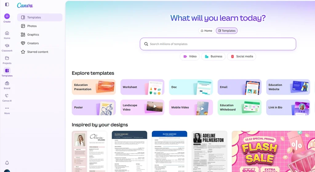 Canva dashboard displaying templates for social media, documents, presentations, and visual designs