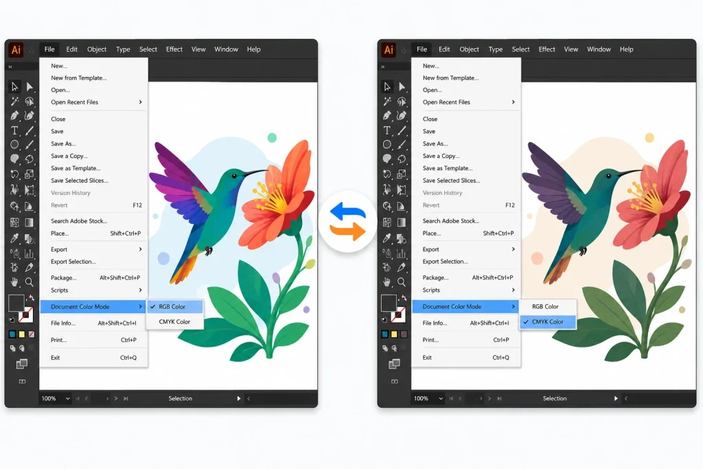 change rgb to cmyk in adobe illustrator document color mode menu example
