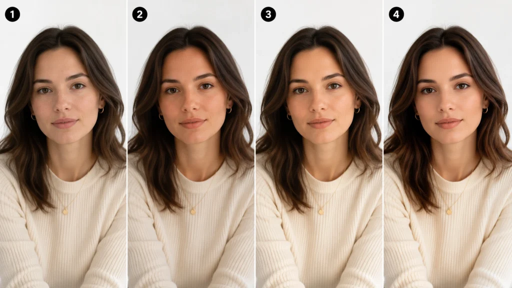 Four AI-generated portrait variations illustrating identity drift and consistency issues in ChatGPT photo editing.