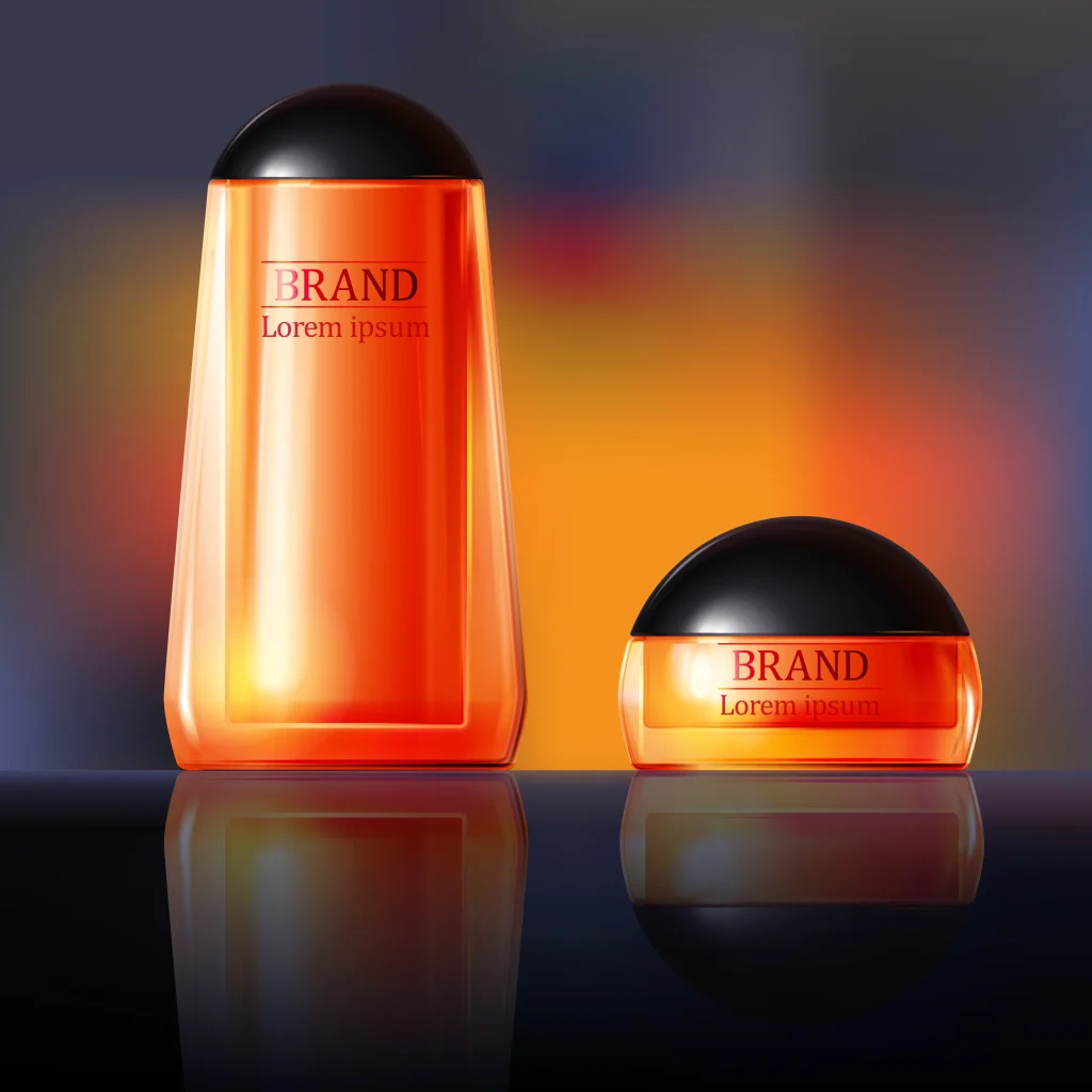 Cosmetic product containers photographed with cinematic lighting and dramatic reflections.
