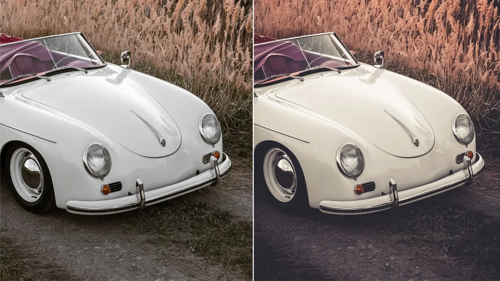 Classic white car with natural color correction on the left and warm cinematic color grading on the right
