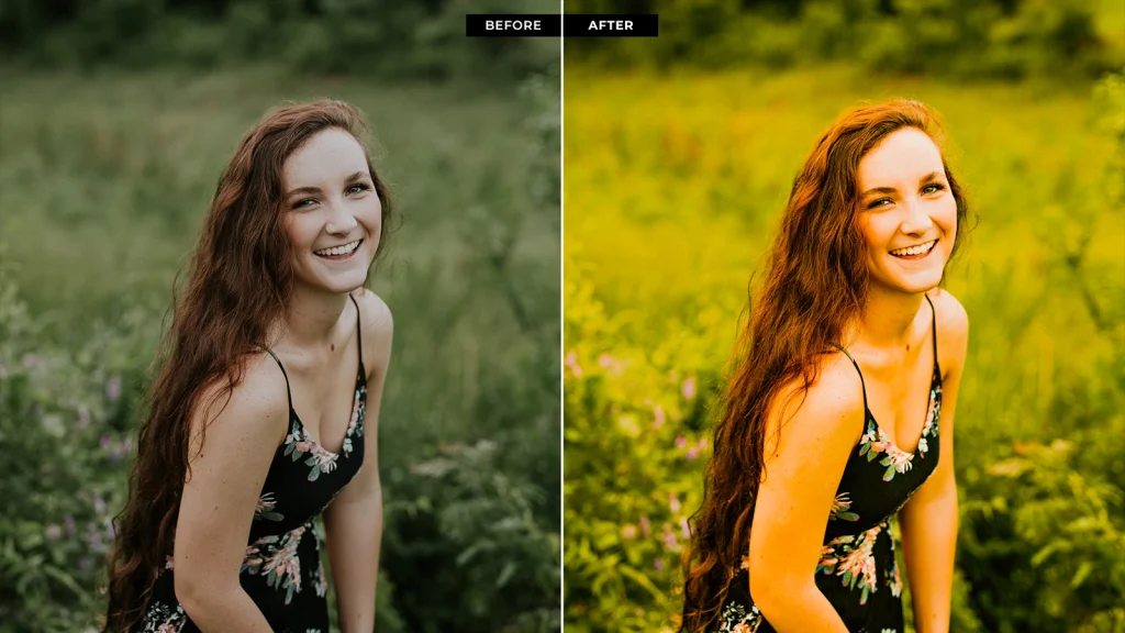 Before and after comparison showing color correction versus color grading on a portrait in a field
