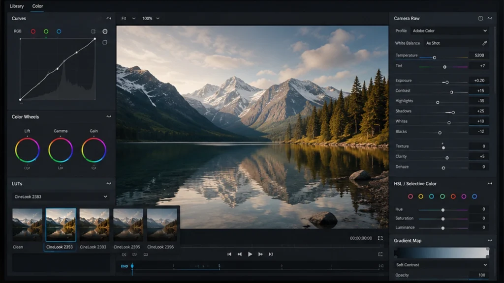 Color grading software interface showing Curves, Color Wheels, LUTs, and Camera Raw panels used for editing