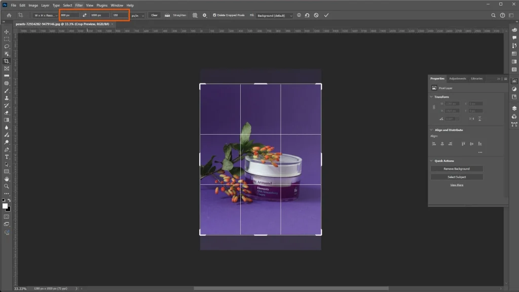 Photoshop Crop Tool set to custom width, height, and resolution for a product image