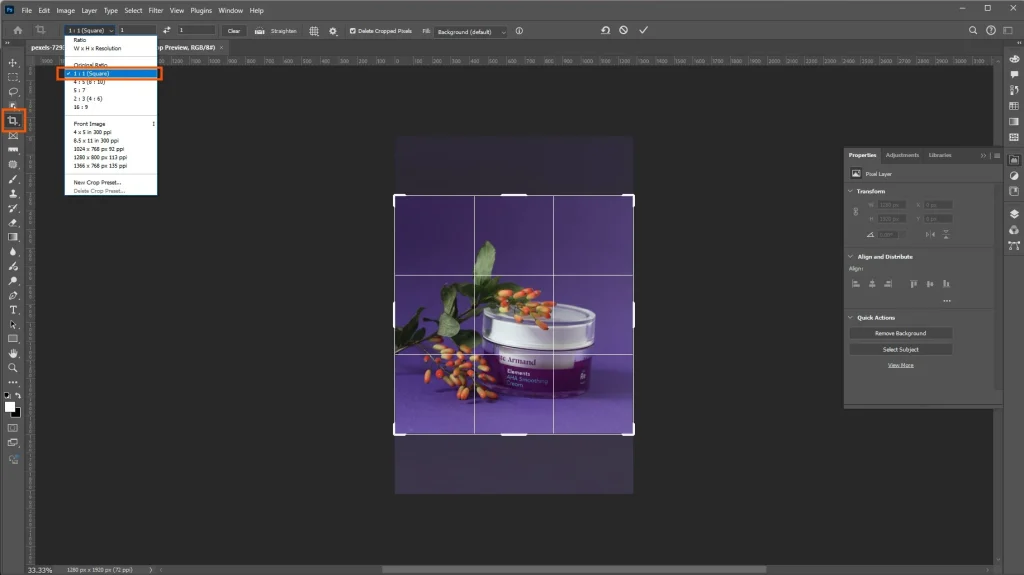 Photoshop Crop Tool using a one-to-one square aspect ratio on a product photo