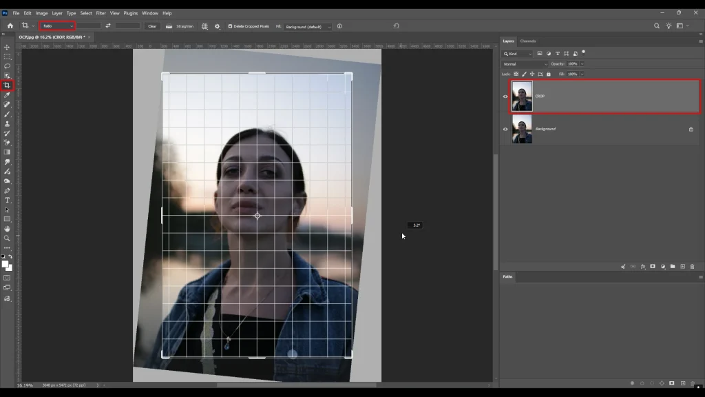Using Photoshop's Crop tool to straighten and crop a photo before editing