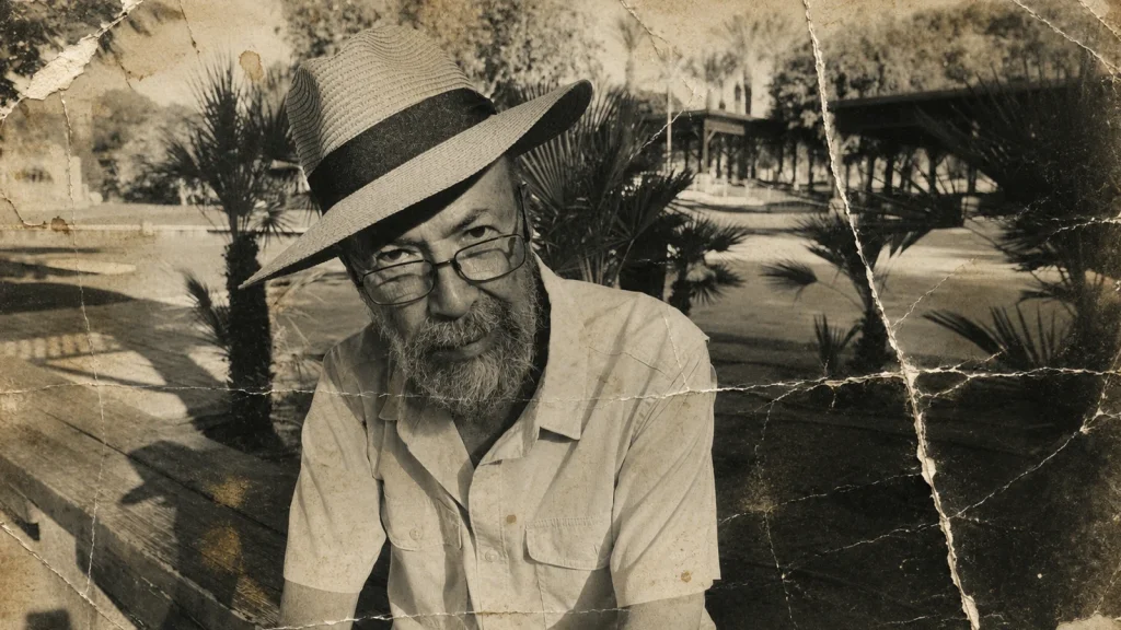 Creased and faded black-and-white portrait of an older man before photo restoration