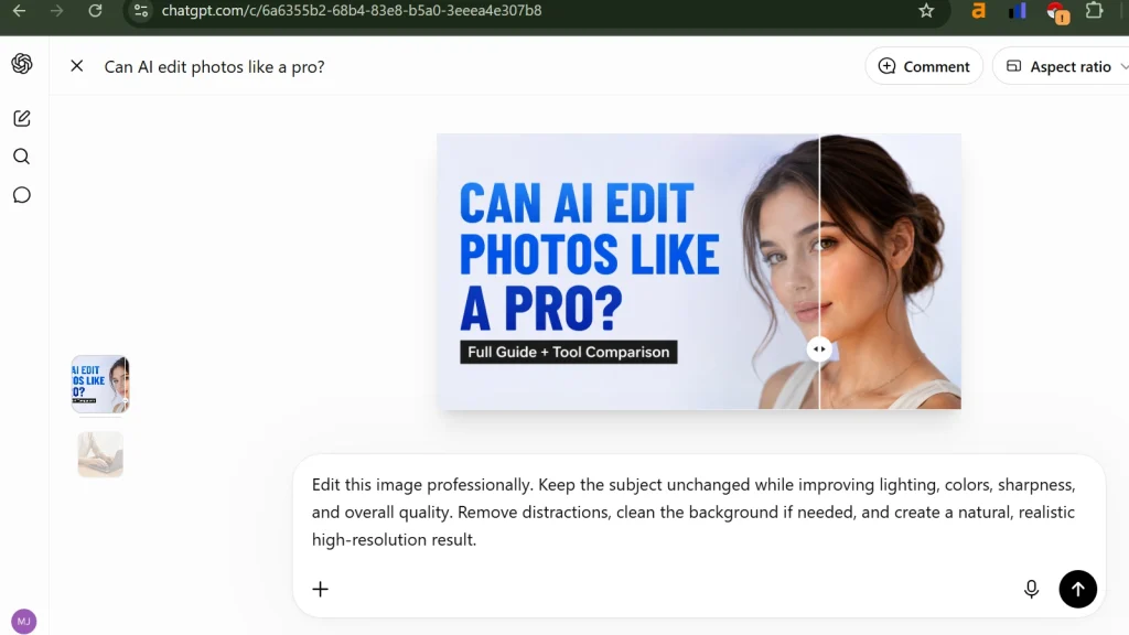 Editing a portrait with ChatGPT using a professional AI photo editing prompt