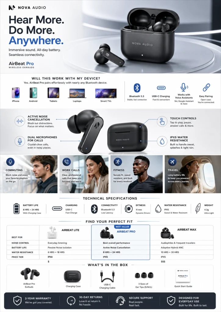 Amazon A+ Content example for wireless earbuds with product features, compatibility, technical specifications, and comparison chart.