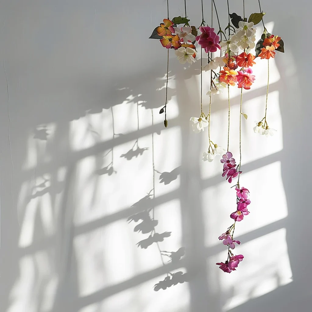Hanging floral arrangement with realistic natural window light and soft shadows.
