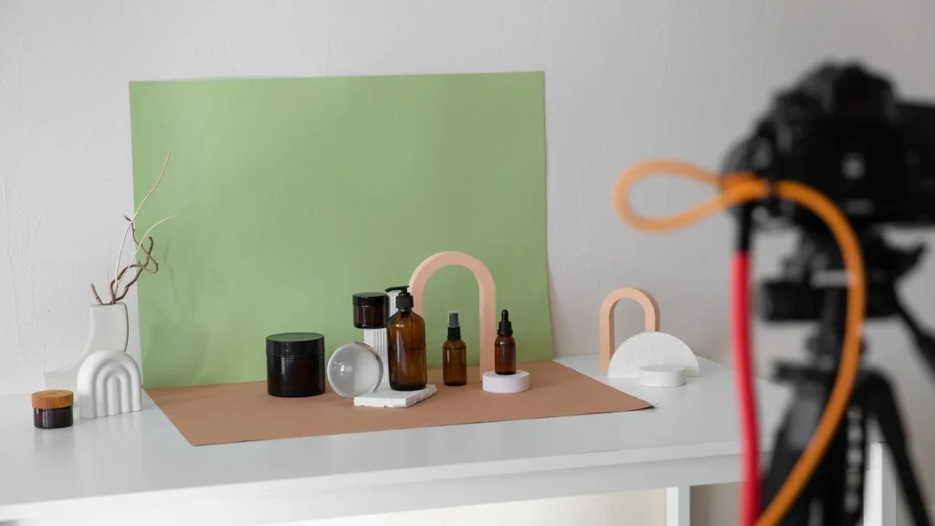 Essential camera, lighting, and studio equipment setup for professional cosmetic product photography.