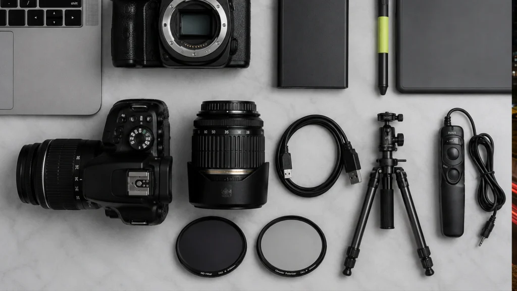 Essential camera gear for night car photography including DSLR, lenses, tripod, filters, and remote shutter.