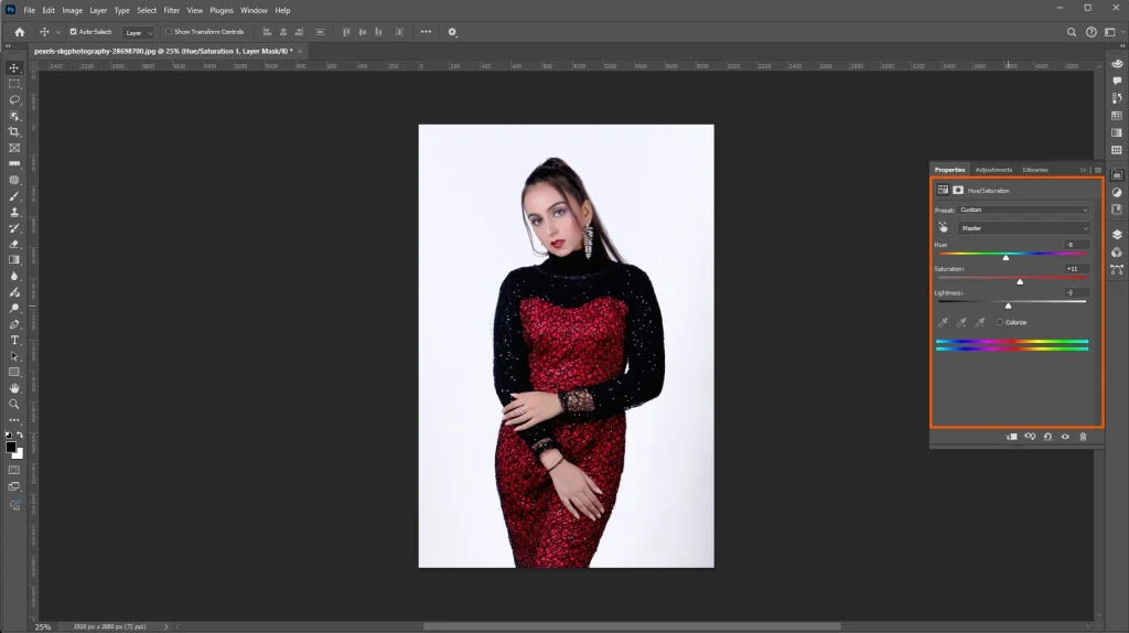 Photoshop Hue and Saturation adjustment correcting colors in a fashion portrait