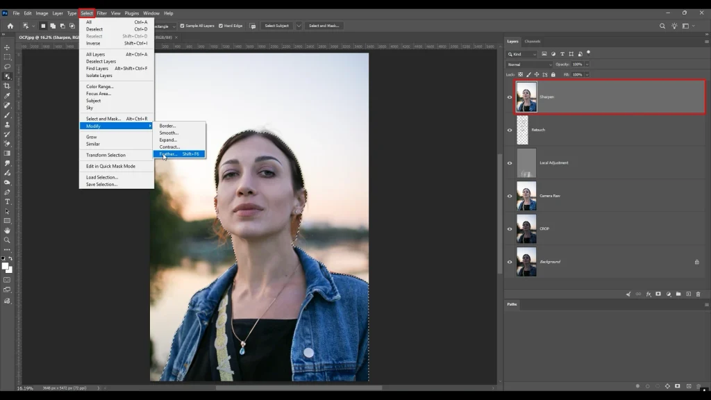 Feathering a selection edge to soften a local adjustment mask in Photoshop