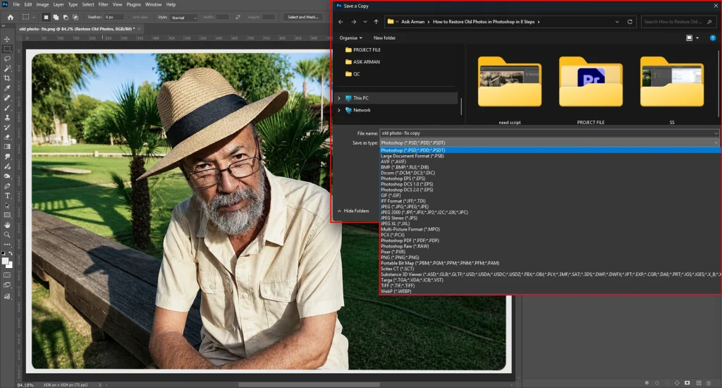 Using Save As option in Photoshop to save restored photo project