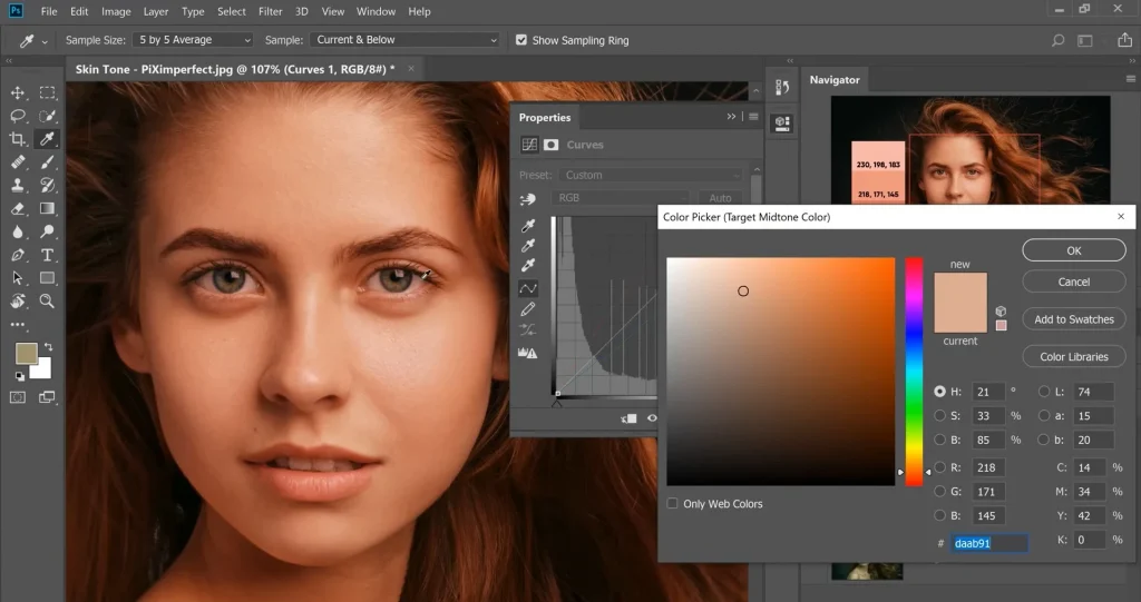 Photoshop Curves and Color Picker tools used to correct skin tones naturally