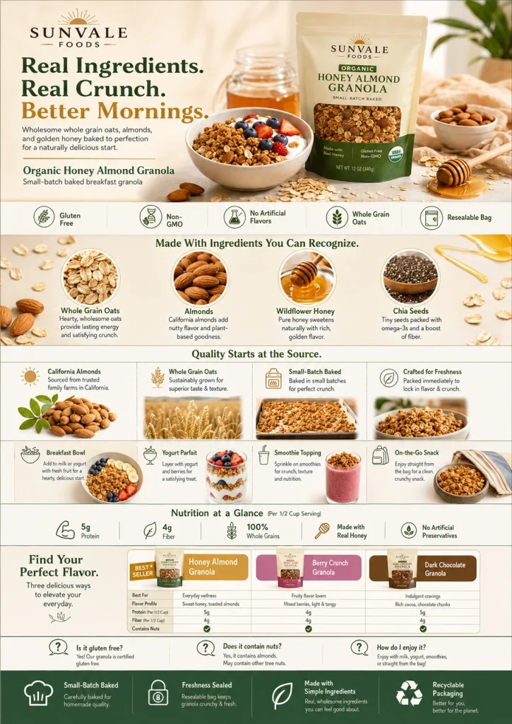 Amazon A+ Content example for an organic granola product featuring ingredients, nutrition facts, serving ideas, and flavor comparison.