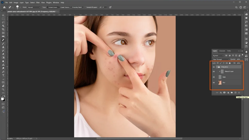 Photoshop Layers panel showing high and blur layers for frequency separation skin retouching