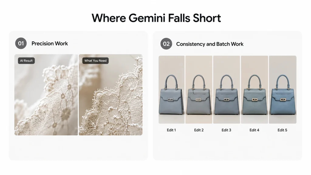 Illustration showing Gemini AI photo editing limitations, including precision editing challenges and batch consistency issues.