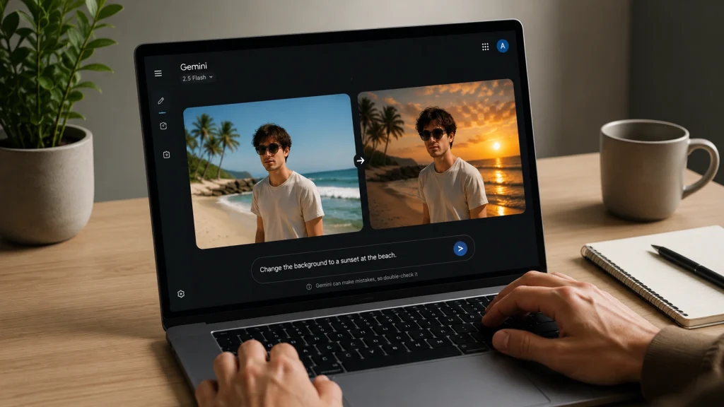 Laptop displaying Gemini AI editing a portrait by changing the background while preserving the person's facial features.