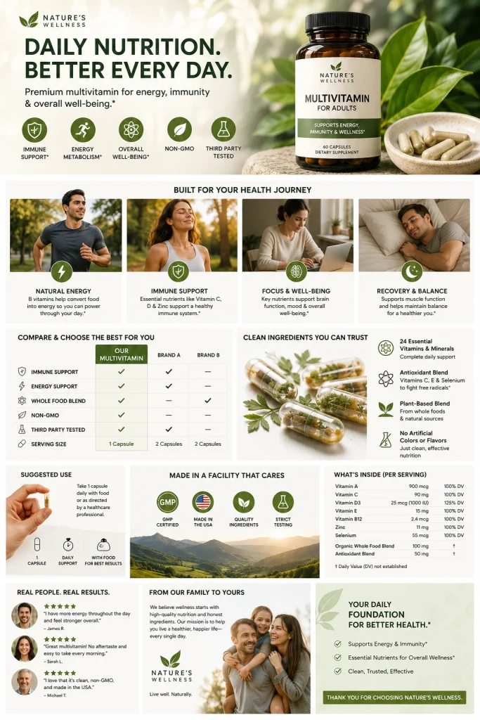 Amazon A+ Content example for multivitamin supplements with health benefits, ingredients, comparison chart, and nutrition facts.