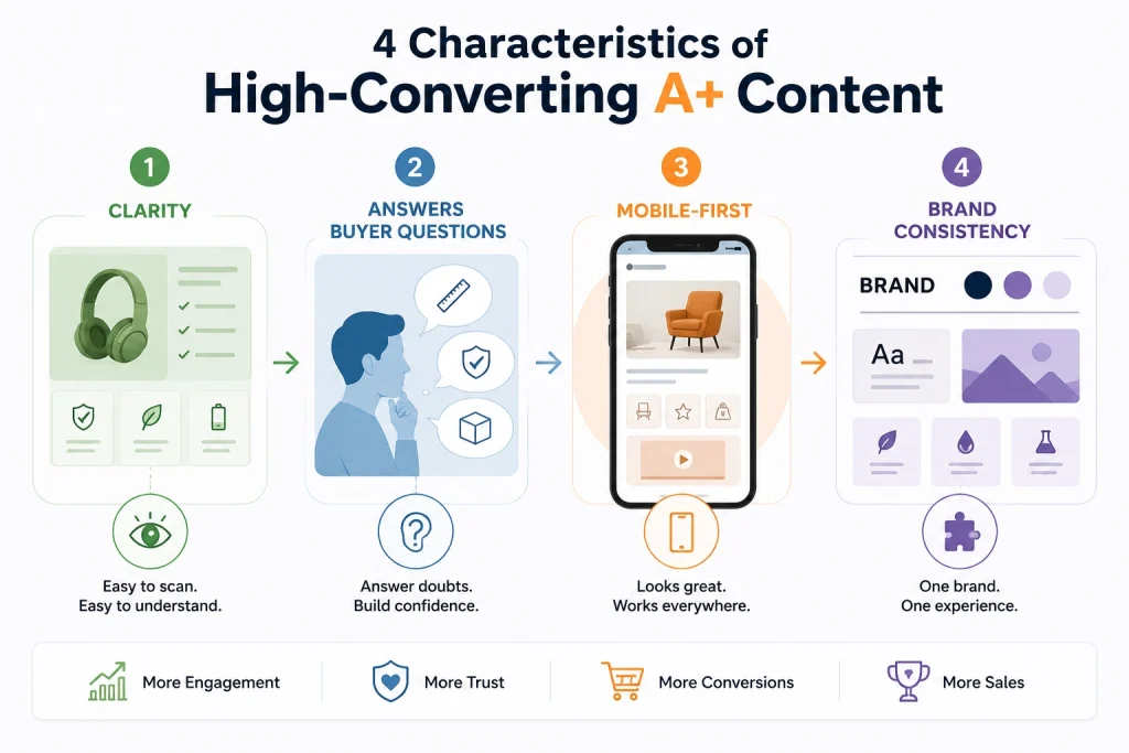 Infographic explaining the key characteristics of high-converting Amazon A+ Content, including clarity, mobile-first design, and brand consistency.