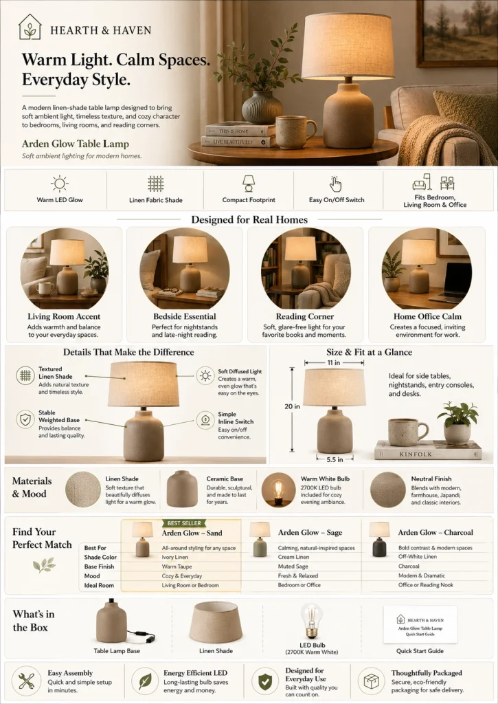 Amazon A+ Content example for a home table lamp featuring lifestyle images, dimensions, product details, and comparison chart.