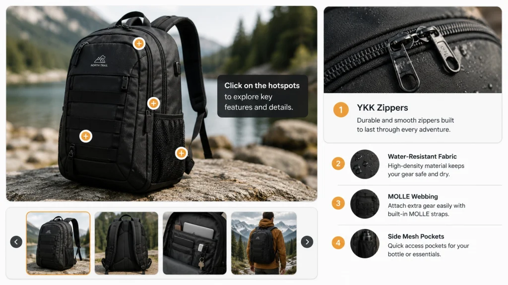 Amazon hotspot and carousel module example showing interactive product feature callouts on a backpack.