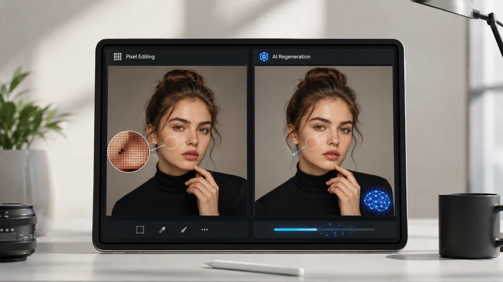 Illustration comparing traditional pixel editing with ChatGPT's AI image regeneration process during photo editing.