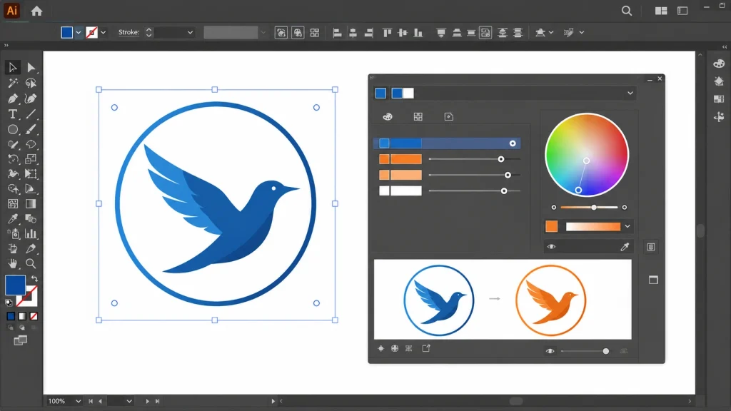change image color in adobe illustrator using recolor artwork panel vector bird logo exampleexample
